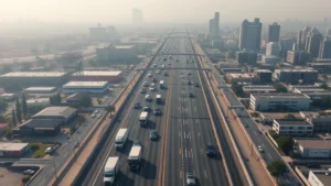 Aerial view of Los Angeles urban corridor with heavy traffic on multi-lane boulevard, visible diesel trucks and vehicles, industrial buildings and residential neighborhoods adjacent to street, smog haze visible over cityscape, photorealistic daytime scene showing pollution and congestion