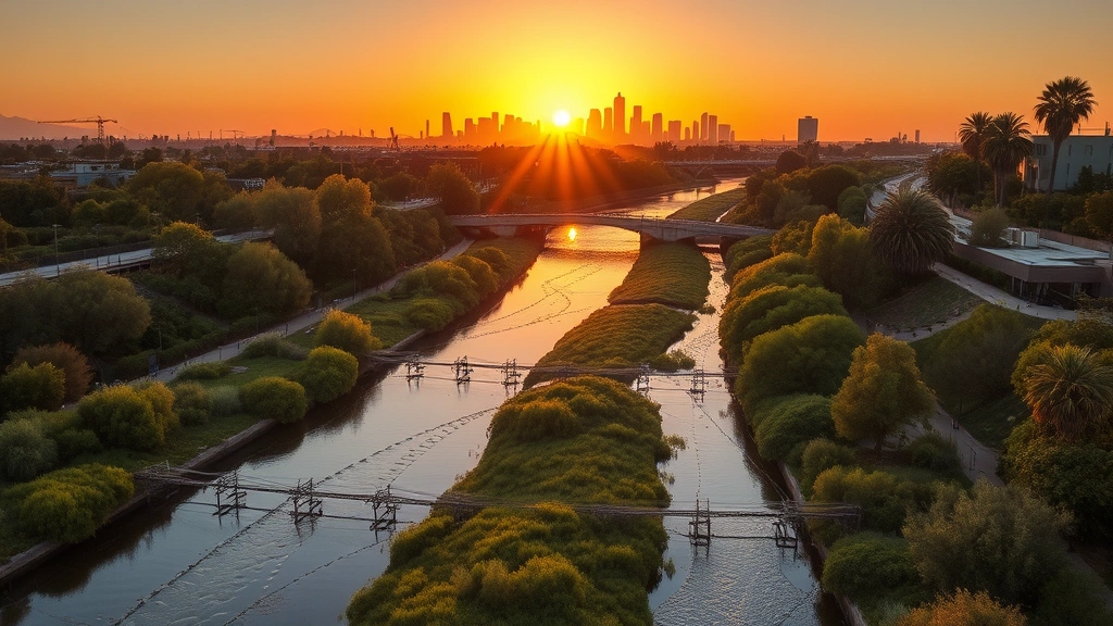 Sunset view of Los Angeles river restoration project with green infrastructure bioswales and native vegetation, water quality visible, downtown skyline in distance, green spaces integrated into urban corridor, photorealistic landscape showing environmental remediation success and ecosystem recovery