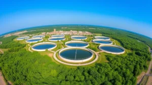Aerial view of modern water treatment facility with multiple circular settling tanks surrounded by green vegetation and clear blue sky, showing infrastructure complexity and environmental integration