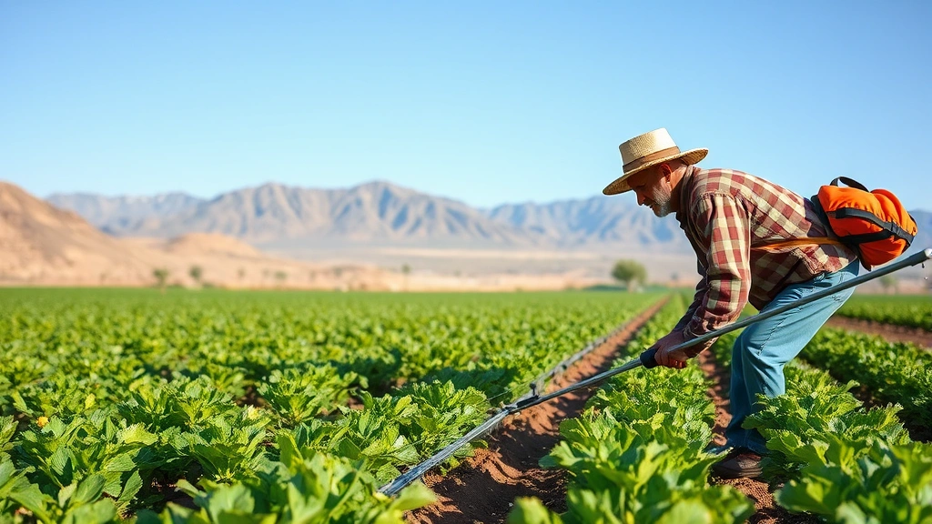 Farmer irrigating lush green crops in semi-arid landscape using drip irrigation system, with mountains visible in background, demonstrating agricultural water productivity