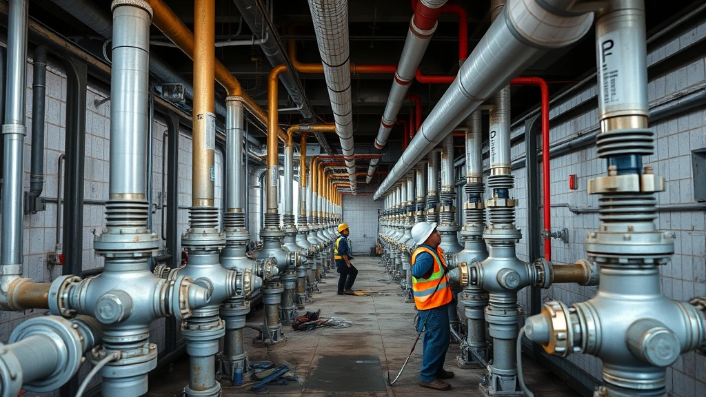 Busy urban water distribution network with pipes and valves in underground facility, workers in safety gear performing maintenance, showing infrastructure complexity and skilled labor