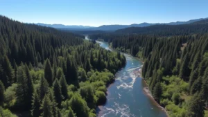 Aerial view of Clackamas River flowing through forested valley with green riparian vegetation, clear water reflecting sunlight, mountains in background, no text or labels
