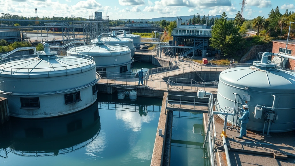 Water treatment facility with large filtration tanks and distribution infrastructure, technicians monitoring systems, industrial architecture integrated with natural landscape, photorealistic daytime lighting