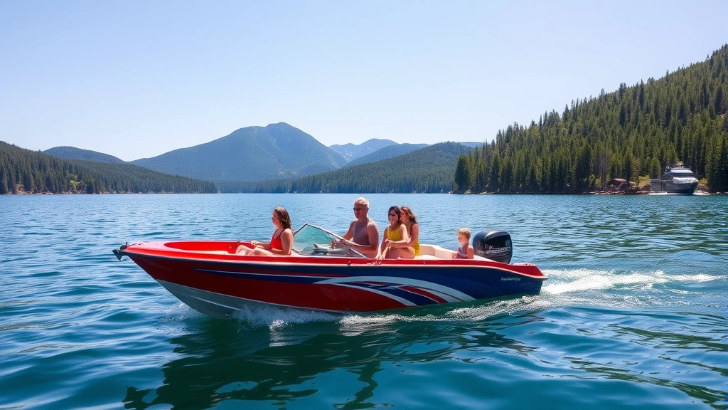 Recreational boating on blue reservoir with forest-covered shoreline, families enjoying water activities, scenic natural landscape, mountain vista in distance, vibrant summer conditions