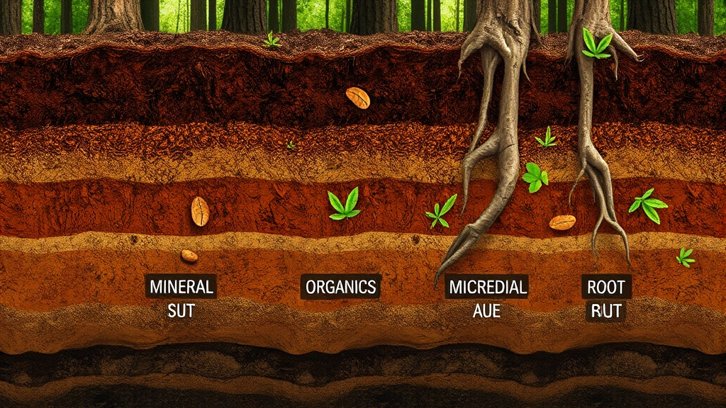 Forest soil cross-section displaying rich brown earth layers with visible mineral particles, organic matter, root systems, and microbial activity indicated through natural color variation and texture, photorealistic detail, no charts or text