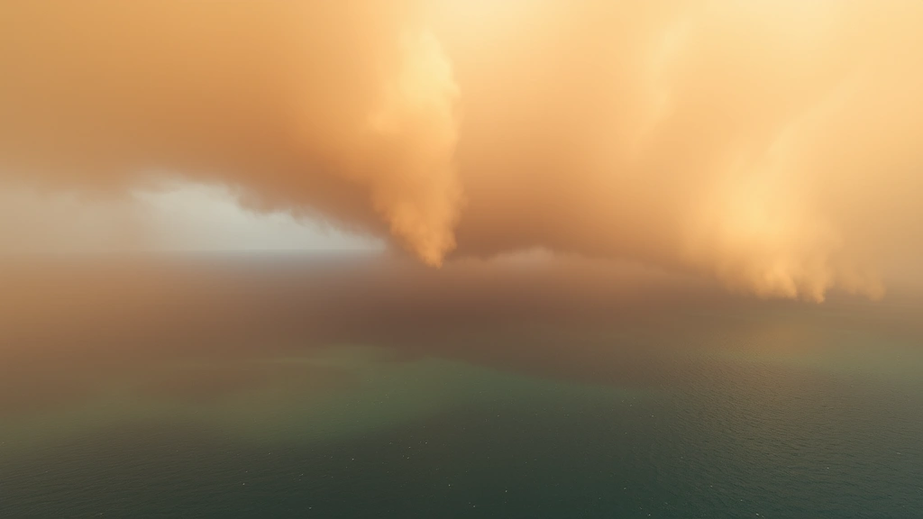 Atmospheric dust storm approaching coastline over ocean waters, golden-brown dust clouds meeting blue sea and sky, natural perspective showing scale and movement, dramatic lighting conditions, no text overlays or measurements