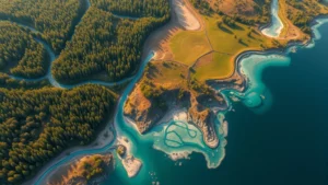 Photorealistic aerial view of diverse landscape showing temperature variations, water systems, and soil types transitioning from forest to grassland to water, morning light illuminating ecosystem complexity