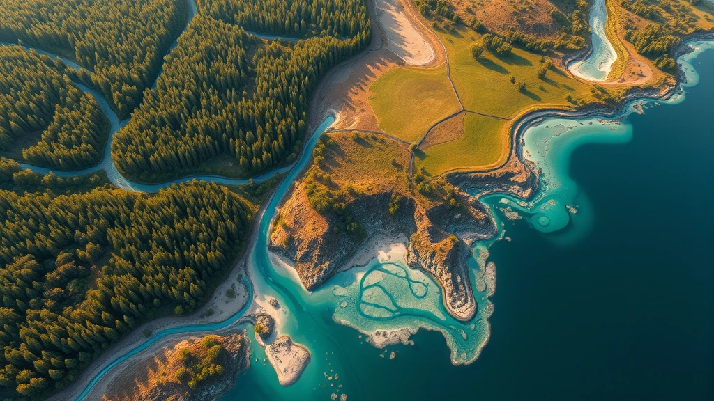 Photorealistic aerial view of diverse landscape showing temperature variations, water systems, and soil types transitioning from forest to grassland to water, morning light illuminating ecosystem complexity