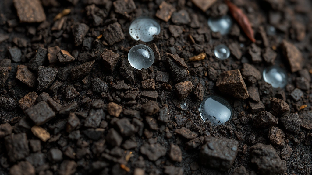 Photorealistic close-up of rich dark soil with visible mineral particles, organic matter, and water droplets, showing soil structure and composition essential for plant growth and nutrient cycling
