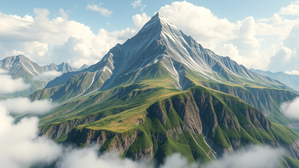 Photorealistic view of mountain ecosystem showing elevation changes, distinct vegetation zones from base to peak, topographic influence on climate, and geological formations creating abiotic diversity