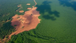 Aerial view of deforestation showing cleared land transitioning to intact rainforest, demonstrating habitat fragmentation and landscape transformation in tropical regions