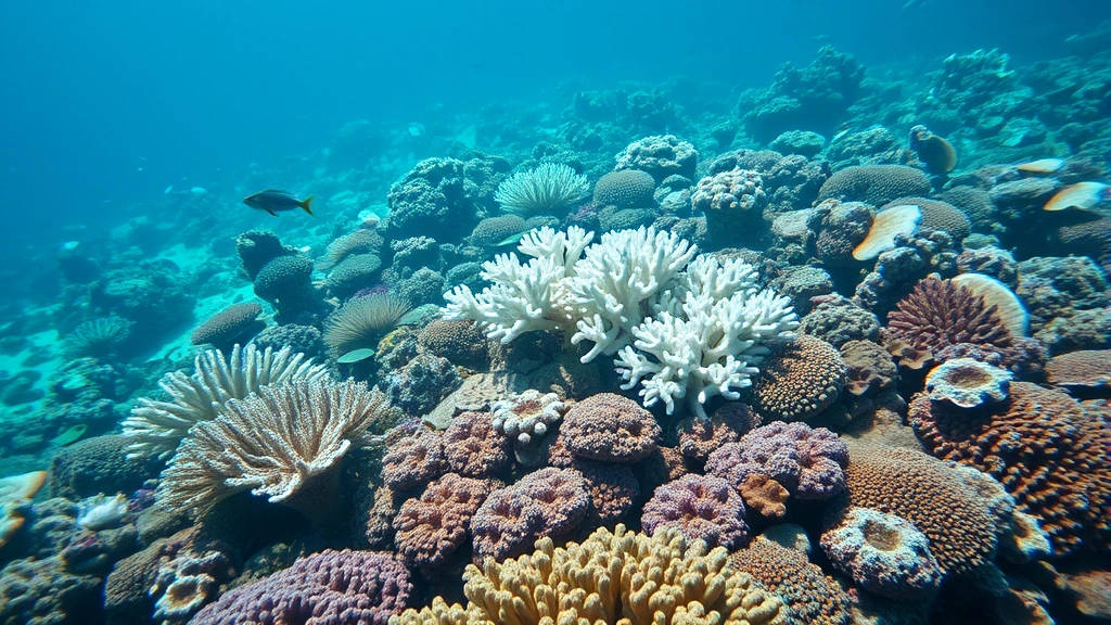 Underwater coral reef ecosystem showing bleached white corals mixed with healthy colored corals, illustrating thermal stress impacts on marine biodiversity