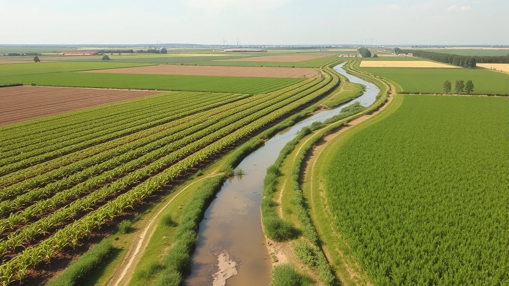 Industrial agricultural landscape with monoculture crop fields, irrigation systems, and fertilizer runoff flowing toward waterways, showing intensive farming practices