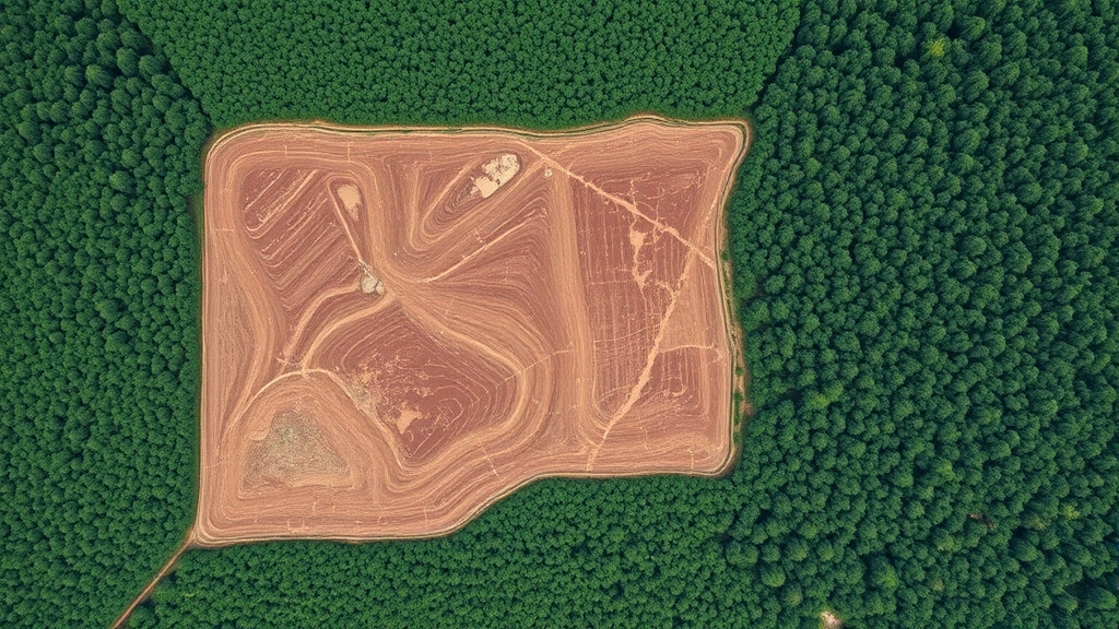 Aerial view of deforestation boundary showing cleared agricultural land adjacent to intact rainforest canopy, demonstrating habitat fragmentation and land-use conversion impacts on tropical ecosystems