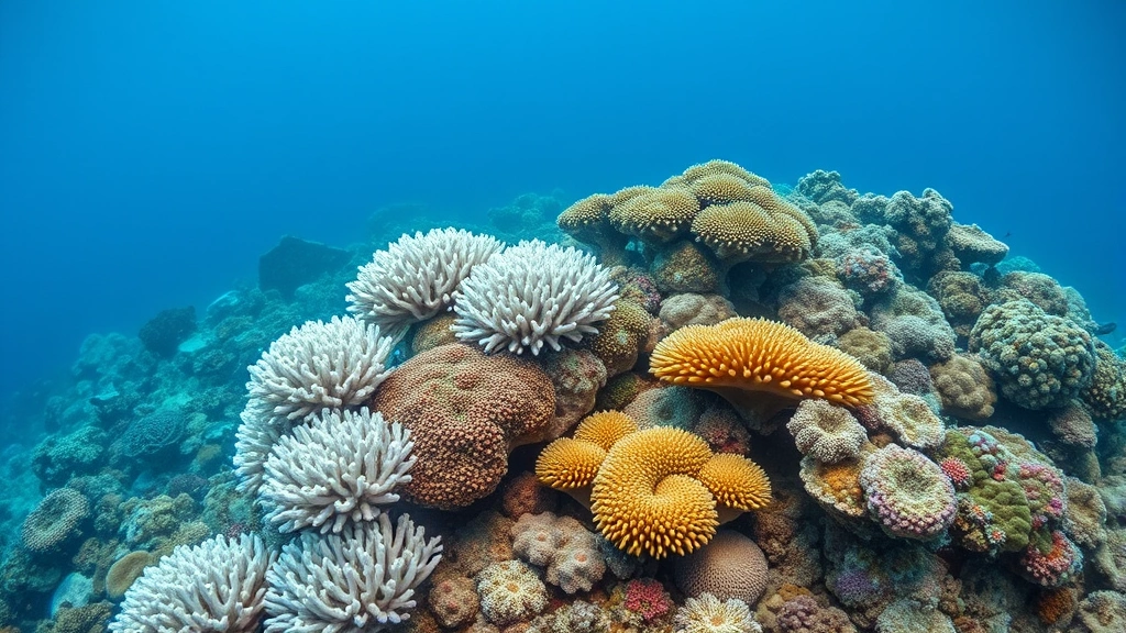 Underwater coral reef ecosystem displaying bleached white corals alongside healthy colorful corals, illustrating climate change and ocean acidification impacts on marine biodiversity and ecosystem health