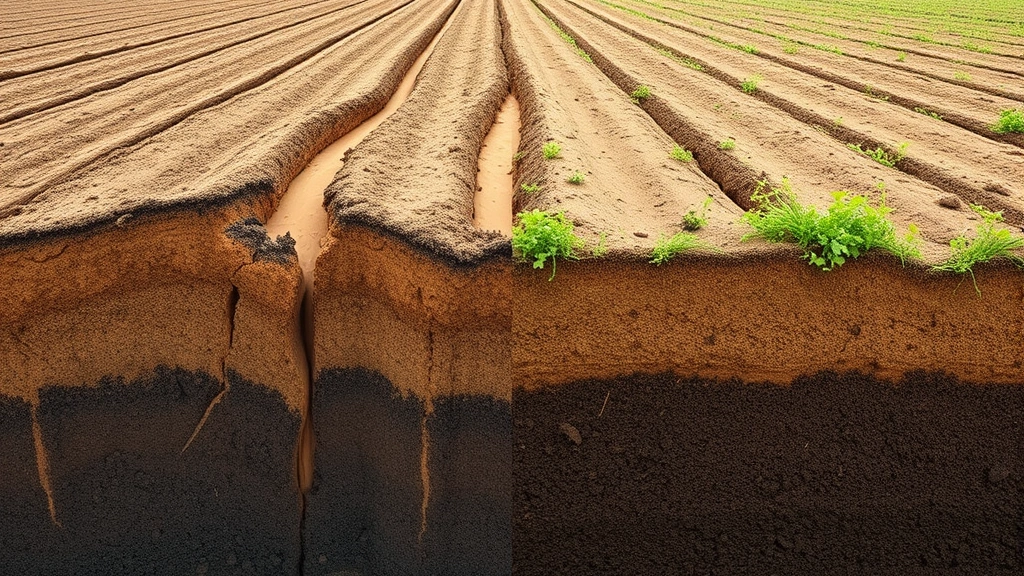 Montage showing soil erosion gullies in degraded agricultural field with exposed subsoil, alongside healthy dark soil with vegetation, demonstrating soil degradation from conventional farming practices