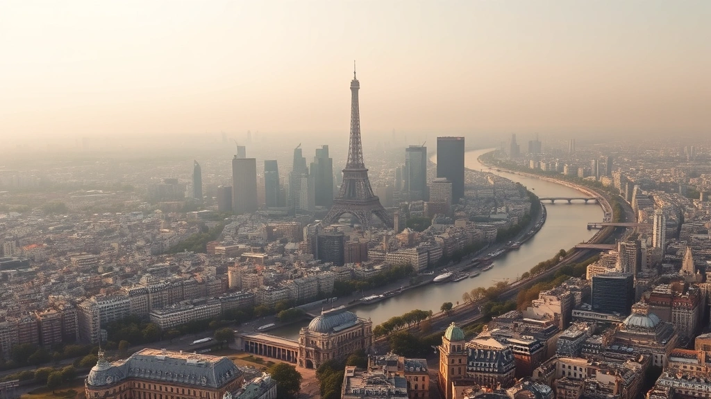 Aerial view of Paris skyline during morning haze with the Seine River visible below, showing contrast between polluted and cleaner districts, photorealistic urban landscape with atmospheric perspective