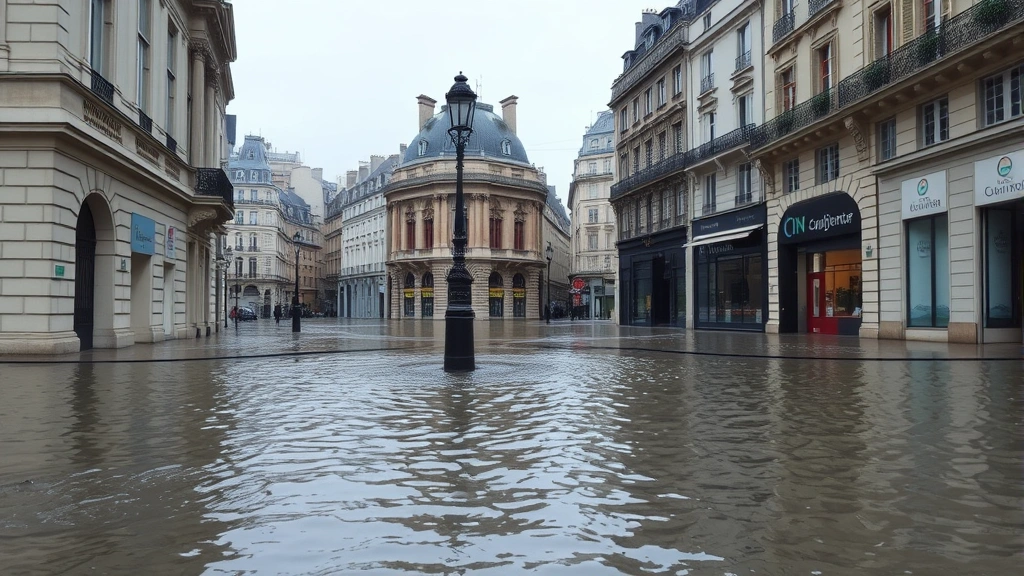 Flooded Paris street intersection with water reflecting historic buildings, showing climate adaptation challenges and flood resilience infrastructure needs in urban context