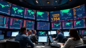 Photorealistic image of a modern trading floor with digital screens displaying carbon credit prices and global emissions data, showing diverse traders analyzing real-time market information