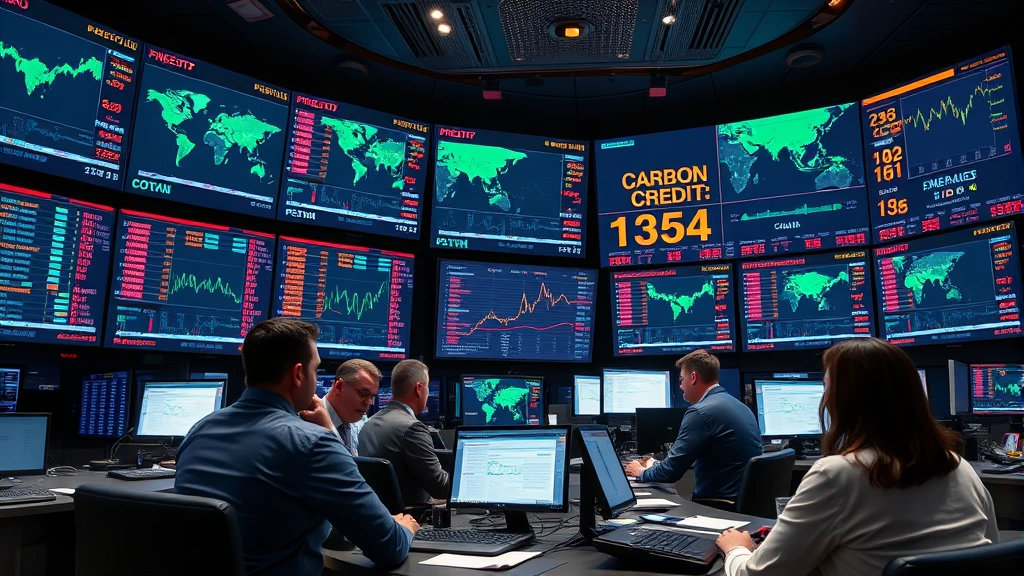 Photorealistic image of a modern trading floor with digital screens displaying carbon credit prices and global emissions data, showing diverse traders analyzing real-time market information