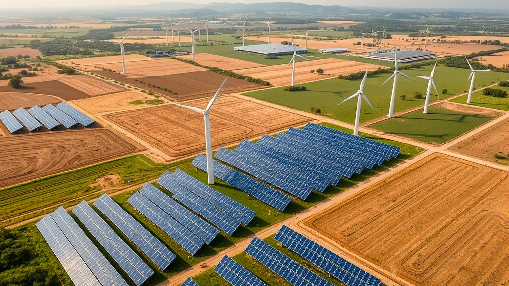 Photorealistic aerial view of wind turbines and solar panels in a renewable energy farm landscape, representing emissions reduction projects that generate carbon credits in voluntary markets