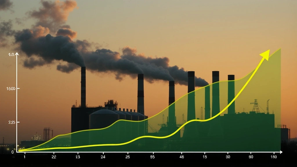 Photorealistic photograph of industrial manufacturing facility with visible emissions alongside a graph overlay showing declining emissions trend, symbolizing carbon market compliance and technological transition