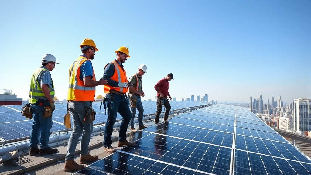 Solar panel installation workers on rooftop with city skyline, bright daylight, professional safety equipment, diverse team collaboration, realistic photographic style