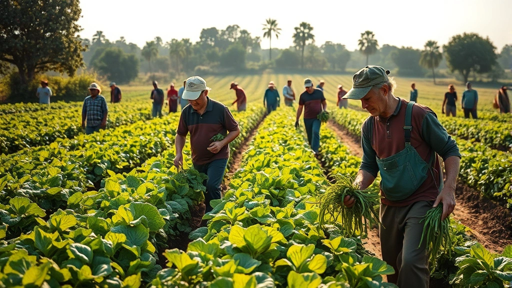 Sustainable agriculture workers in organic farm field harvesting crops, natural morning light, lush green vegetation, diverse workforce, authentic documentary photography