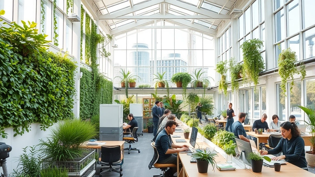 Green building interior workspace with natural light, living walls, renewable energy equipment visible, diverse workers at sustainable workstations, modern eco-conscious design