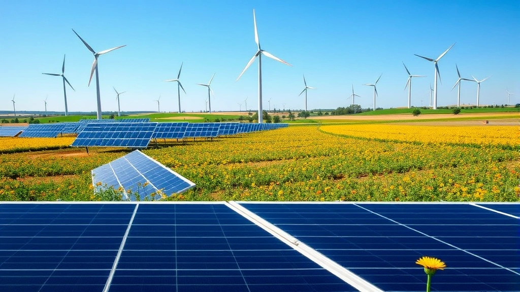 Solar panels and wind turbines integrated into working agricultural landscape with native wildflowers and pollinator habitat, showing renewable energy infrastructure coexisting with ecological restoration