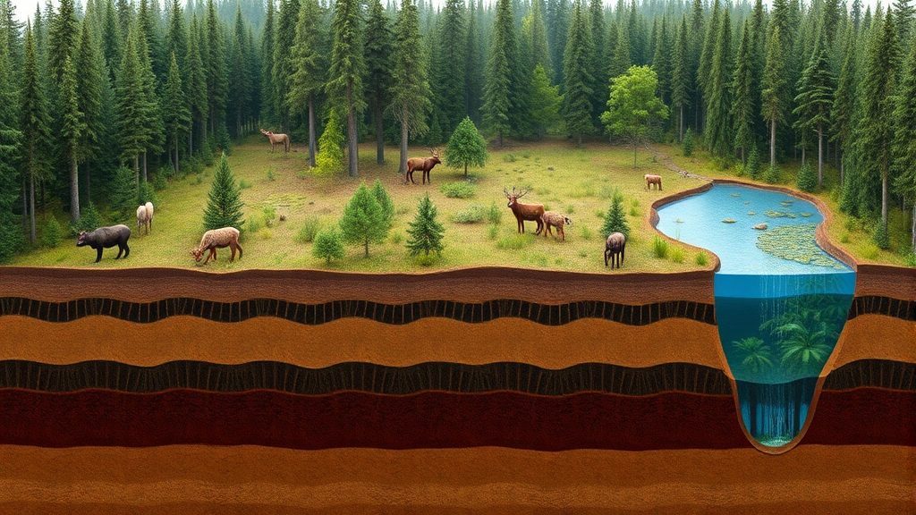 Restored forest or grassland ecosystem with healthy soil visible in cross-section, diverse vegetation layers, wildlife, and clear water features, representing multi-layered ecosystem recovery and regeneration