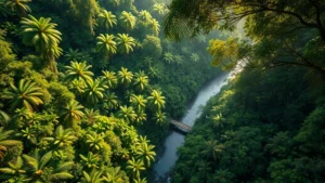 Aerial view of pristine tropical rainforest canopy with diverse green vegetation layers, sunlight filtering through dense foliage, river winding through untouched forest landscape, photorealistic high resolution