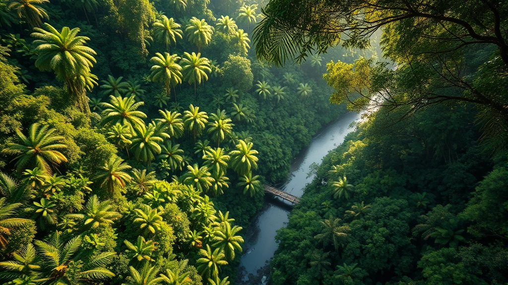 Aerial view of pristine tropical rainforest canopy with diverse green vegetation layers, sunlight filtering through dense foliage, river winding through untouched forest landscape, photorealistic high resolution