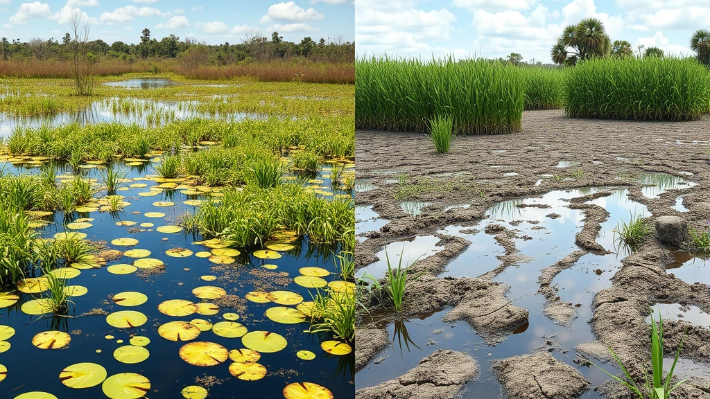 Split-screen comparison: left side shows healthy wetland ecosystem with water plants and wildlife habitat, right side shows drained degraded wetland, illustrating ecosystem services loss, natural lighting photorealistic