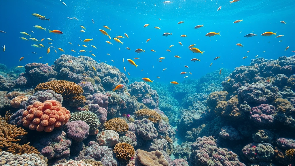 Underwater coral reef ecosystem teeming with colorful fish and coral formations in clear blue water, showing biodiversity and marine ecosystem health, photorealistic marine photography style