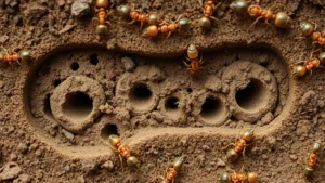 Macro photography of ant colony tunnel networks in cross-section soil profile showing intricate underground passages and chambers, photorealistic, natural lighting revealing soil texture and ant scale, no text or labels