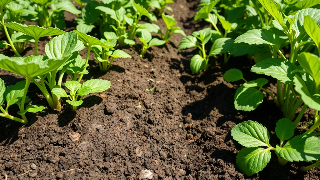 Thriving vegetable garden with visible soil mounding and ant activity, lush green plants with rich dark soil, natural sunlight, showing ecosystem abundance and plant health benefits, no labels