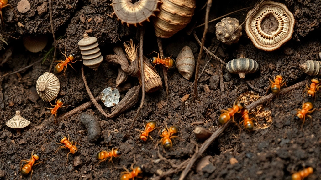 Close-up of forest floor humus layer with ants foraging on organic matter and fungal growth, detailed soil structure with visible pore spaces, natural woodland lighting, photorealistic, no text
