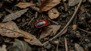 Cockroach on forest floor surrounded by decomposing leaves and rich dark soil, photorealistic nature photography showing organism in natural habitat