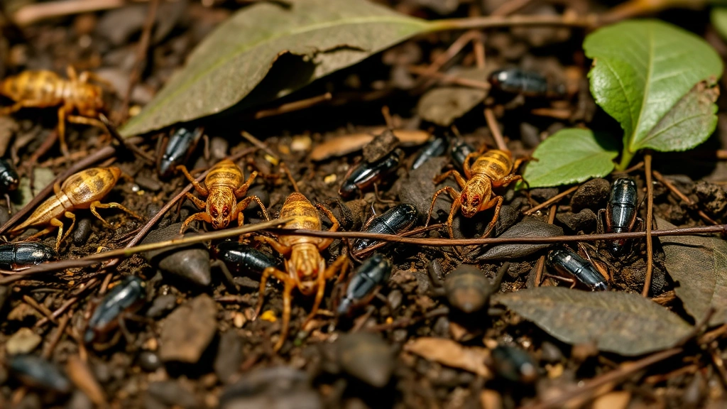 Multiple small reptiles and spiders hunting insects on forest ground, depicting natural food web predation without visible text or labels