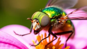 Macro photograph of a metallic green blowfly collecting pollen from a pink wildflower in natural sunlight, showing detailed proboscis and compound eyes in photorealistic detail