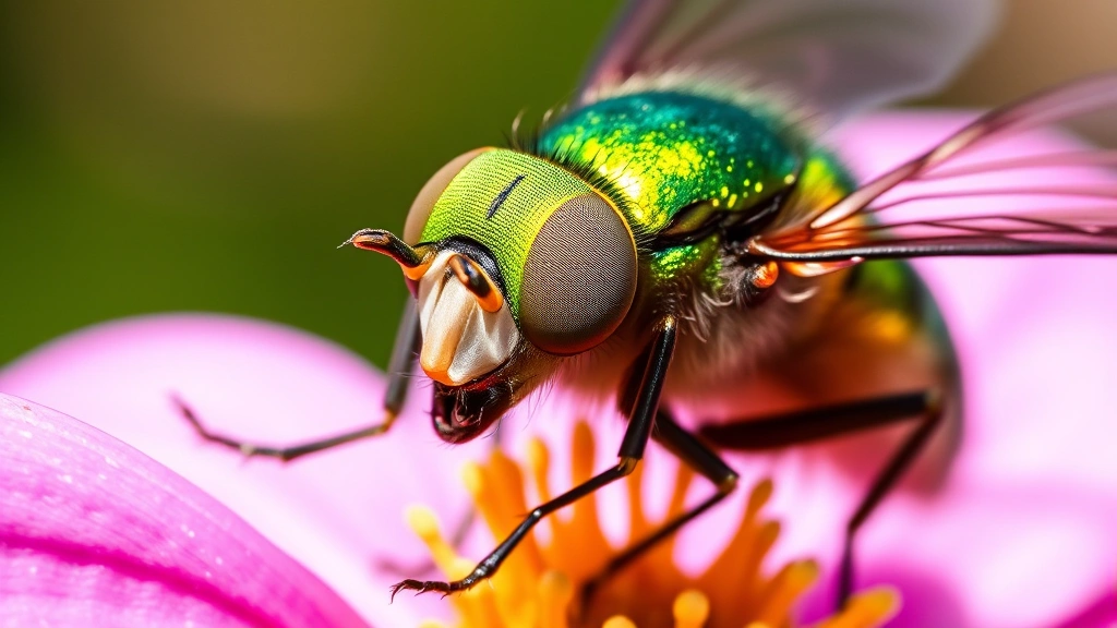 Macro photograph of a metallic green blowfly collecting pollen from a pink wildflower in natural sunlight, showing detailed proboscis and compound eyes in photorealistic detail