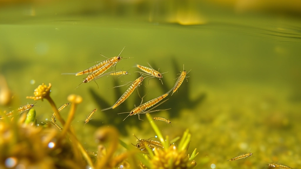 Underwater close-up of aquatic midge larvae (chironomids) on submerged aquatic vegetation in clear freshwater stream, showing water quality and ecosystem health