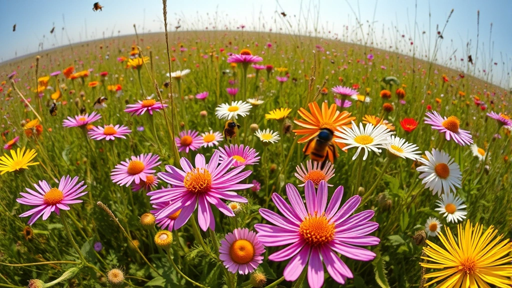 Wide-angle landscape showing diverse wildflower meadow with multiple fly species pollinating various flowers, natural sunlight, vibrant ecosystem activity