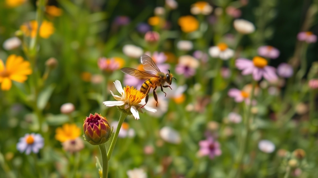 A hornet in mid-flight approaching flowering plants with pollen visible on its body, sunlit natural garden background with diverse wildflowers and green foliage, photorealistic nature photography