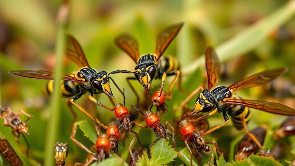 Close-up of multiple hornets hunting and feeding on smaller insects among green vegetation, natural predator-prey interaction in ecosystem, realistic wildlife macro photography