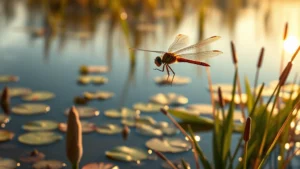 Dragonfly hunting mosquito mid-flight over wetland marsh with water lilies and reeds, golden hour sunlight reflecting on water surface, photorealistic nature photography