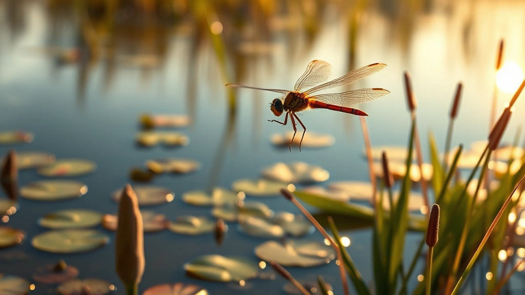 Dragonfly hunting mosquito mid-flight over wetland marsh with water lilies and reeds, golden hour sunlight reflecting on water surface, photorealistic nature photography
