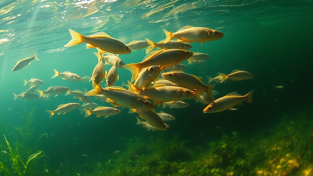 Fish schooling in clear freshwater pond with aquatic plants and mosquito larvae visible in water column, sunlight filtering through surface, underwater ecosystem perspective