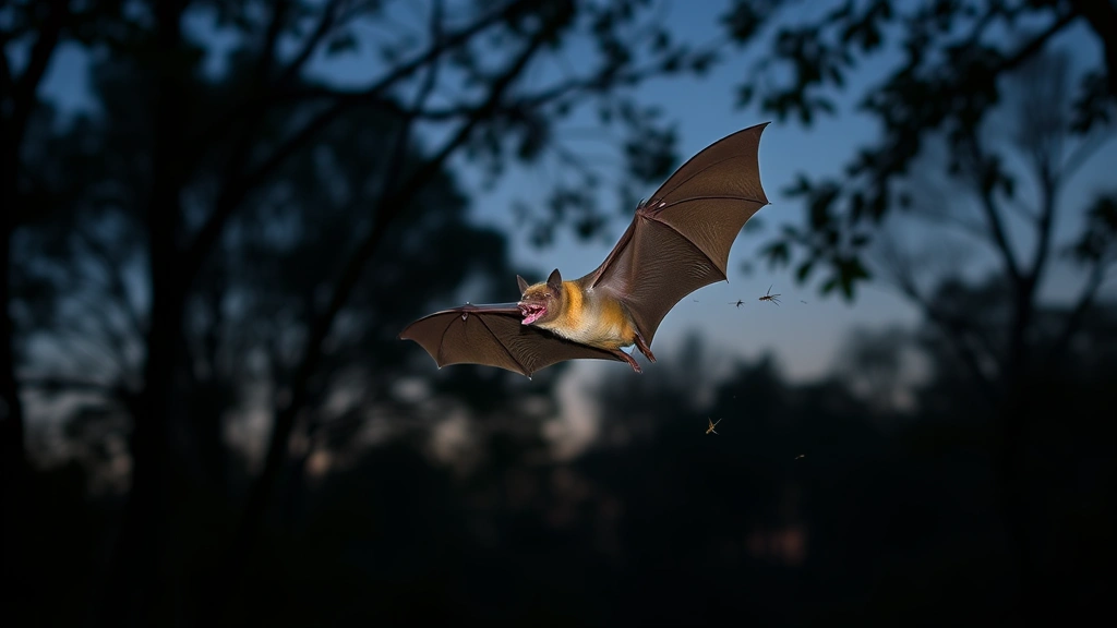 Bat in flight catching mosquitoes at dusk with forest canopy silhouette, natural twilight lighting, dynamic predator-prey interaction in natural habitat